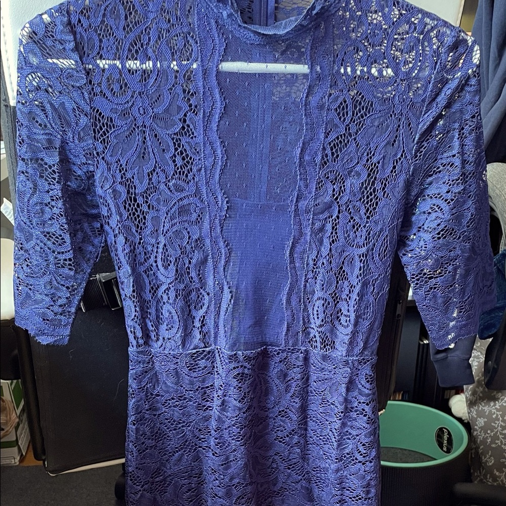 Lace Blue Knee or Calf Length Dress
